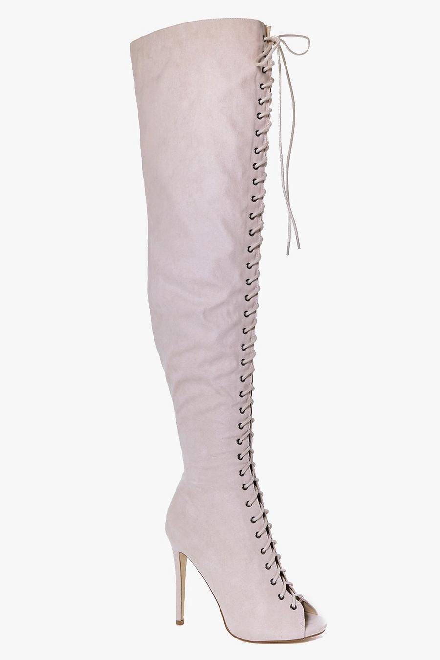 Stone Lace Up Peeptoe Thigh High Boots image number 1
