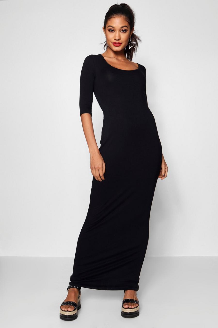 Basic 3/4 Sleeve Scoop Neck Maxi Dress, Black image number 1
