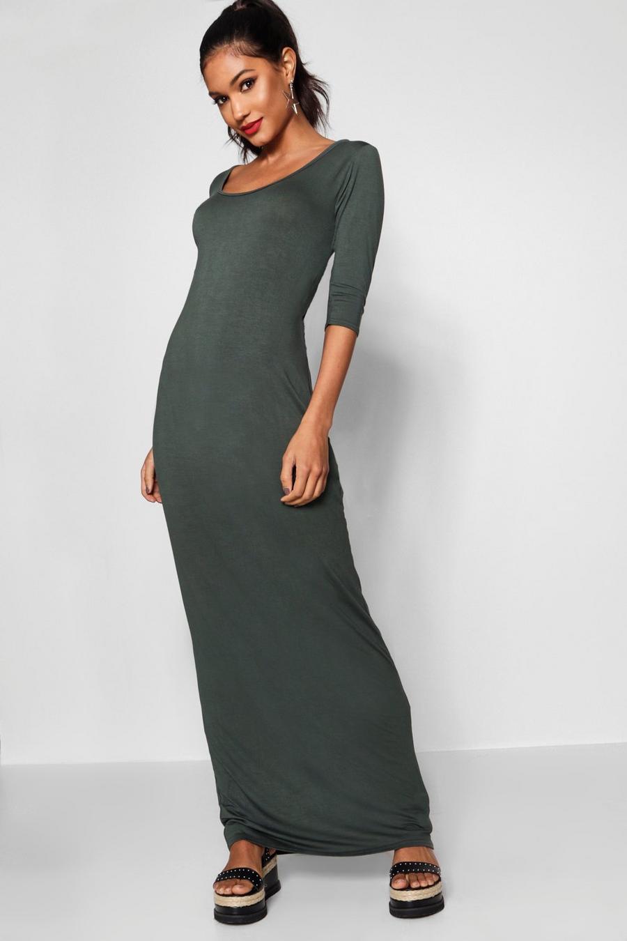 Basic 3/4 Sleeve Scoop Neck Maxi Dress, Khaki image number 1