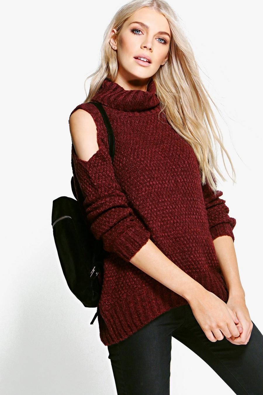 Wine Roll Neck Cold Shoulder Jumper image number 1