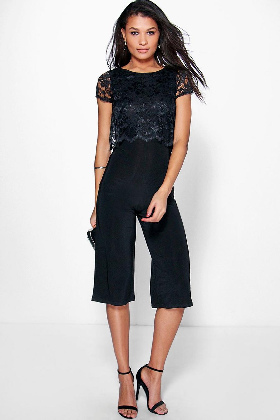 Black Lace Overlay Culottes Jumpsuit image number 1