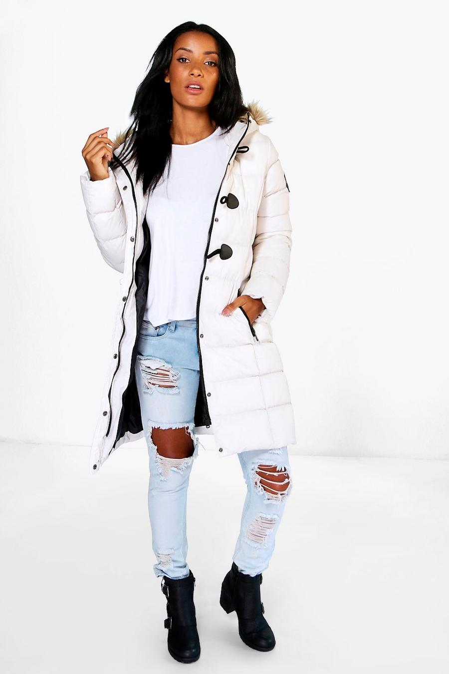 White Quilted Faux Fur Hood Parka Coat image number 1