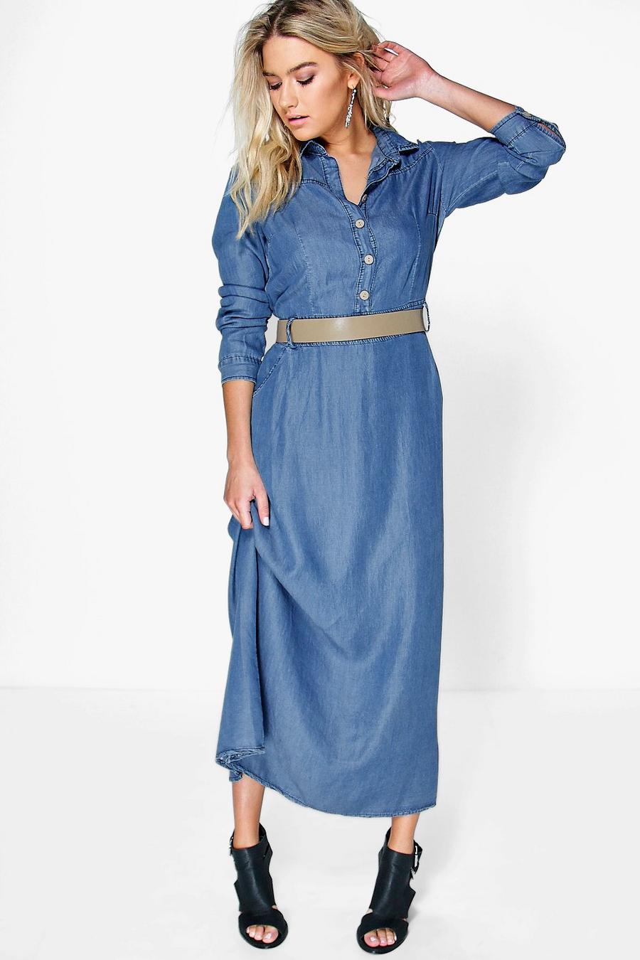 vestido largo vaquero con manga larga y cierre de botones , Azul medio image number 1