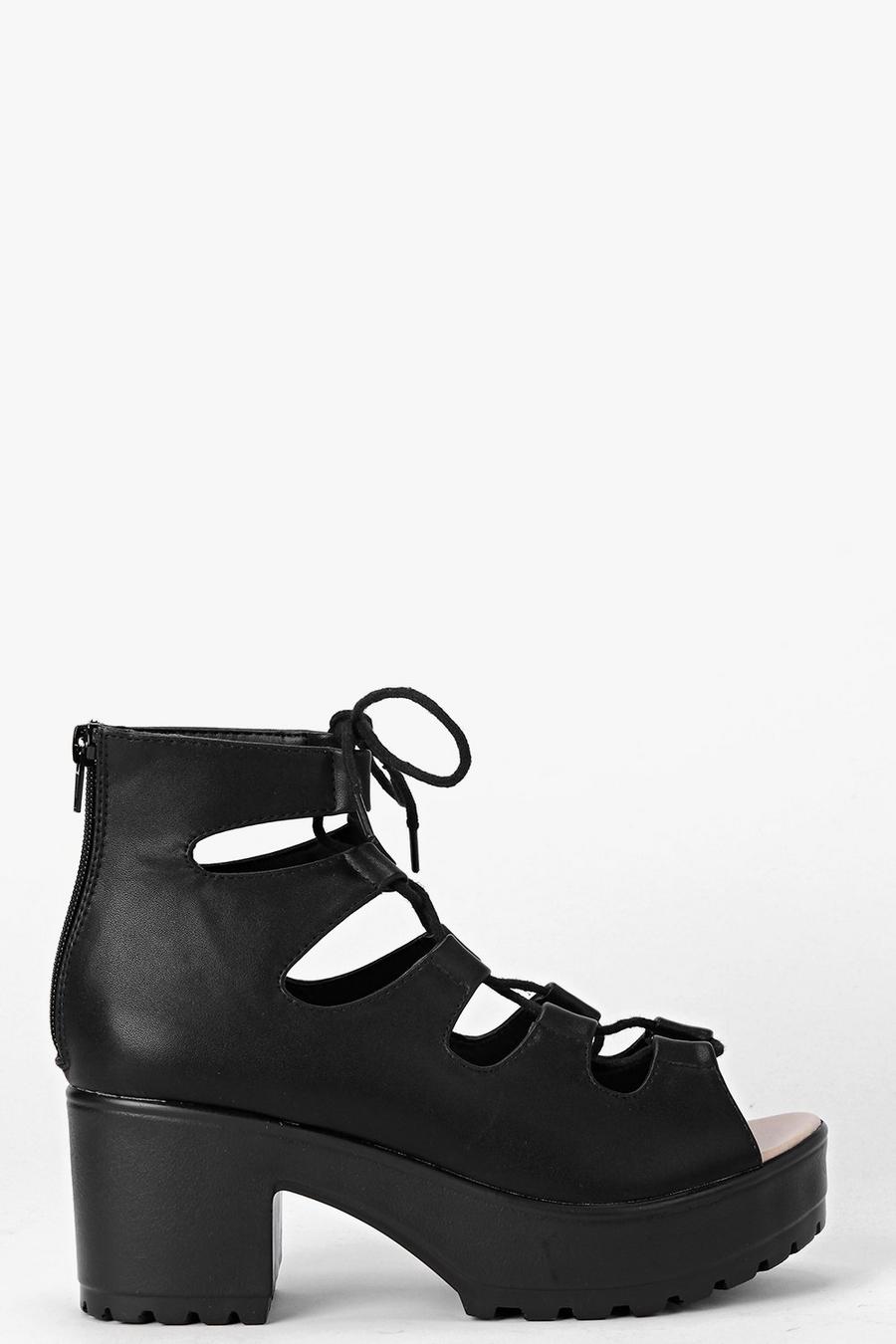 Black Cleated Peeptoe Lace Up Sandals image number 1