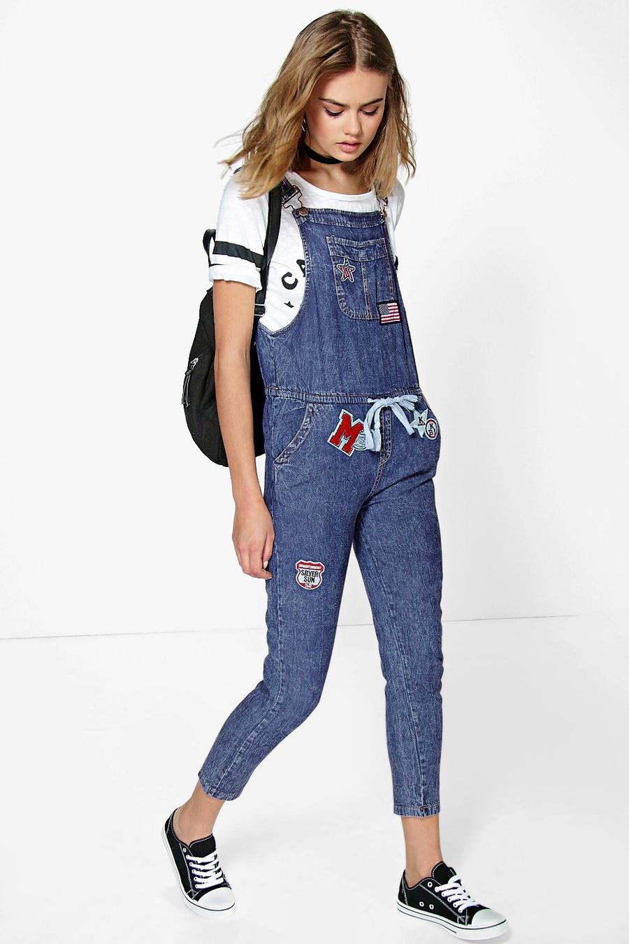 Mid blue Suzie Denim Dungarees With Patches image number 1