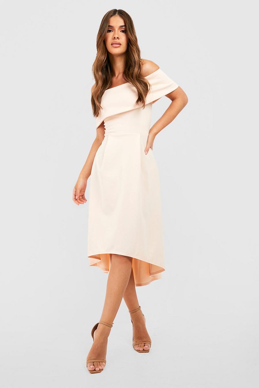 Nude Off The Shoulder Dip Hem Skater Dress