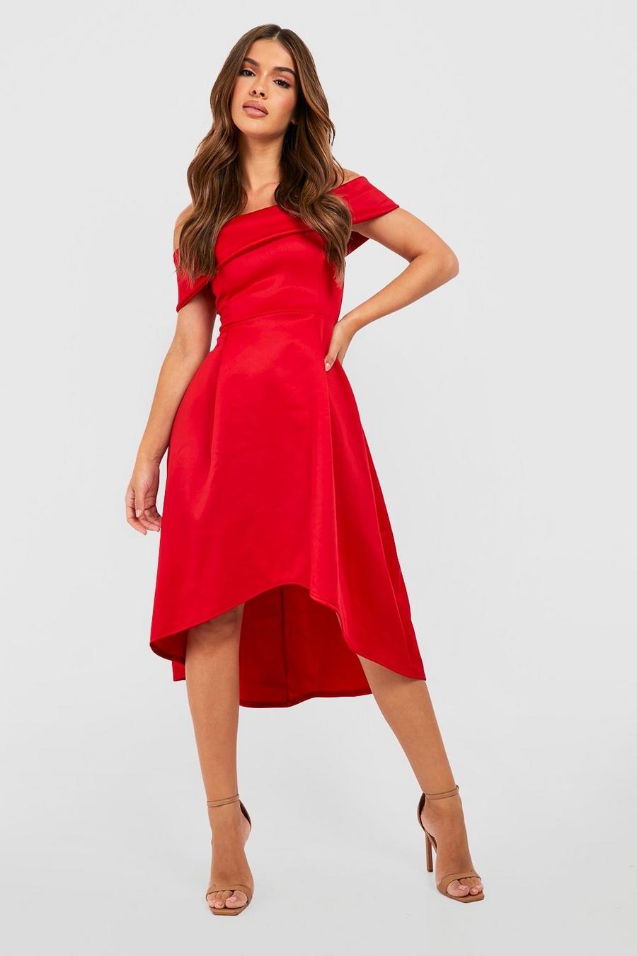 Red Off The Shoulder Dip Hem Skater Dress