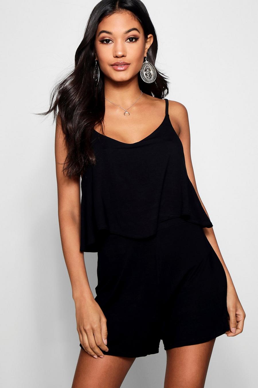 Black Strappy Cami Overlay Romper image number 1