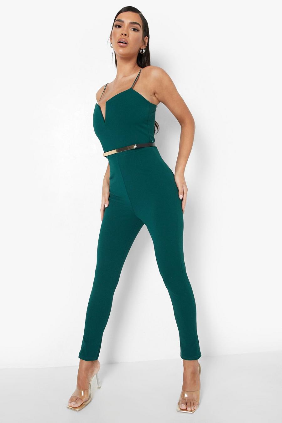 Green Plunge Belted Jumpsuit