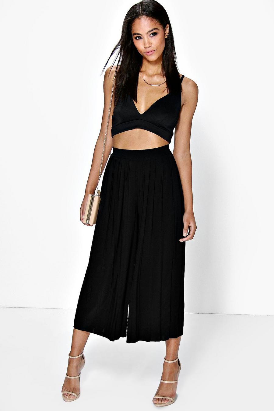Black Pleated Wide Leg Cropped Pants image number 1