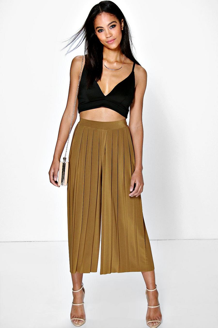 Olive Pleated Wide Leg Cropped Pants image number 1