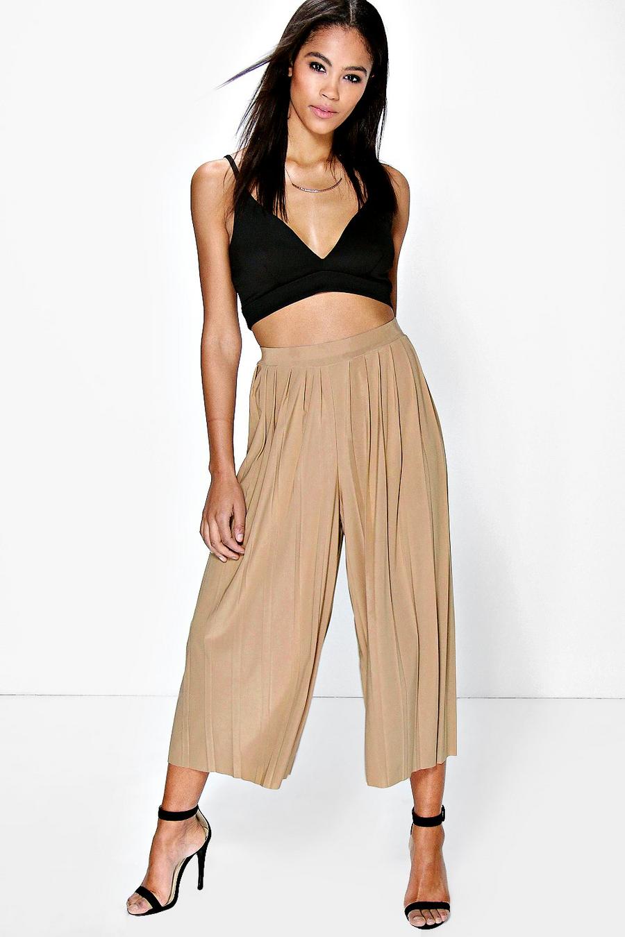 Sand Pleated Wide Leg Cropped Trousers image number 1