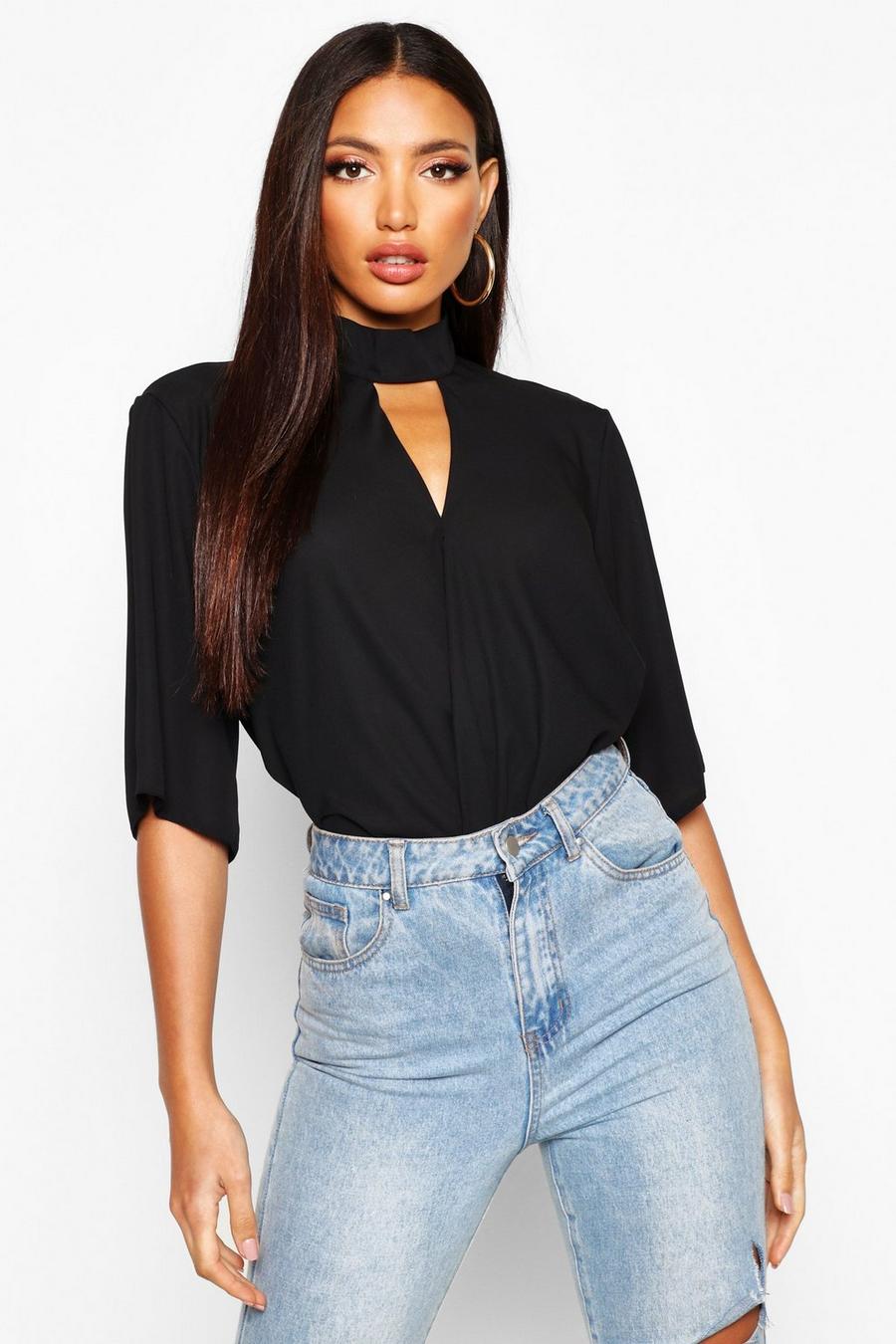 Black High Neck Cut Out Choker Wrap Front Blouse image number 1