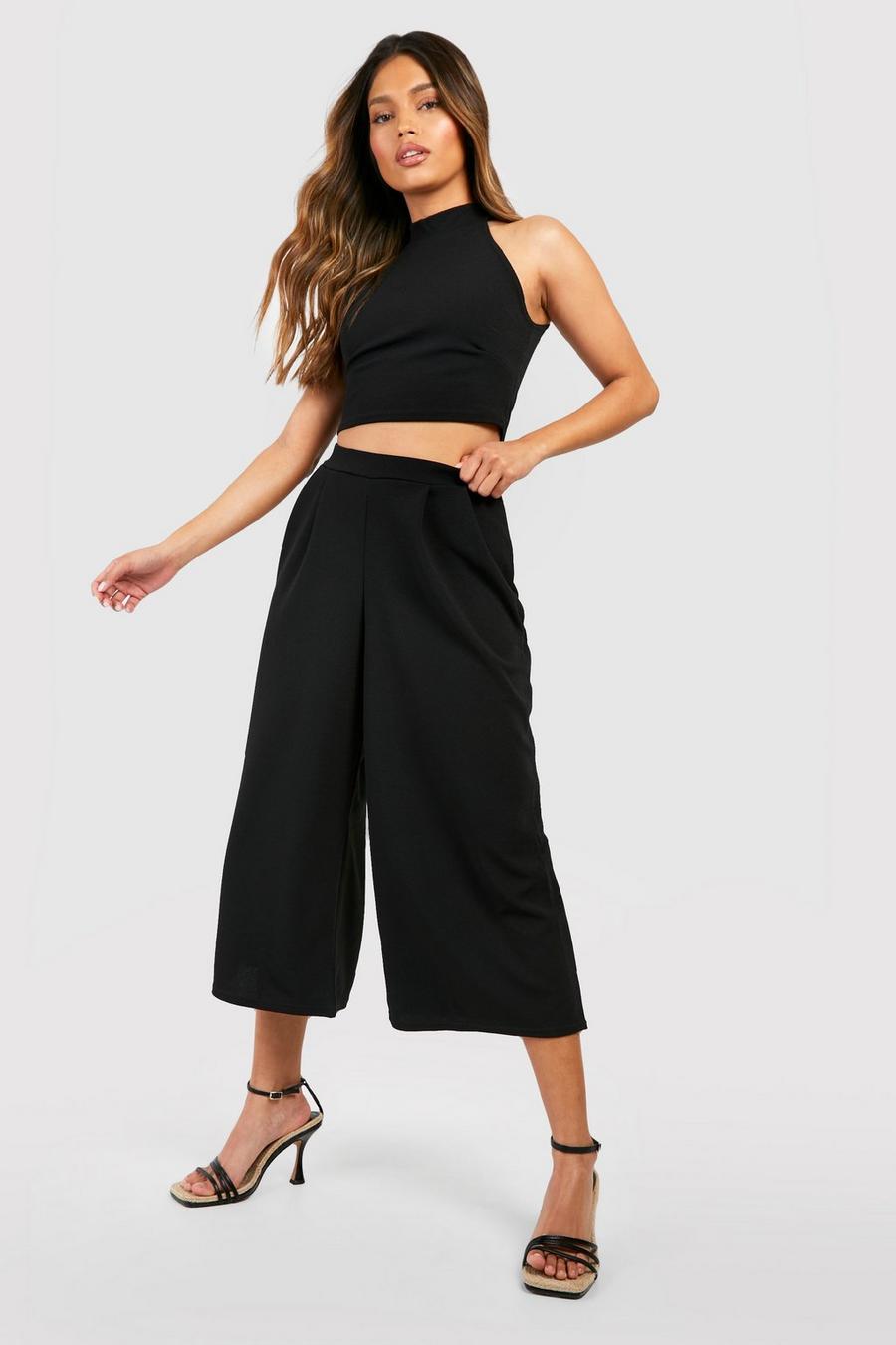 Black High Neck Crop And Culotte Two-Piece Set image number 1
