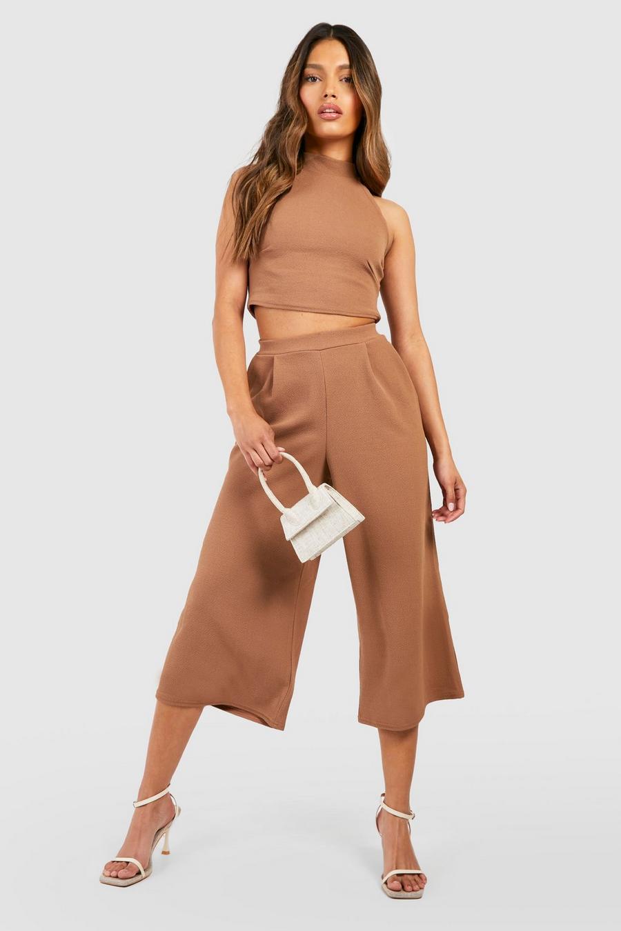 Camel High Neck Crop and Culotte Co-Ord Set image number 1