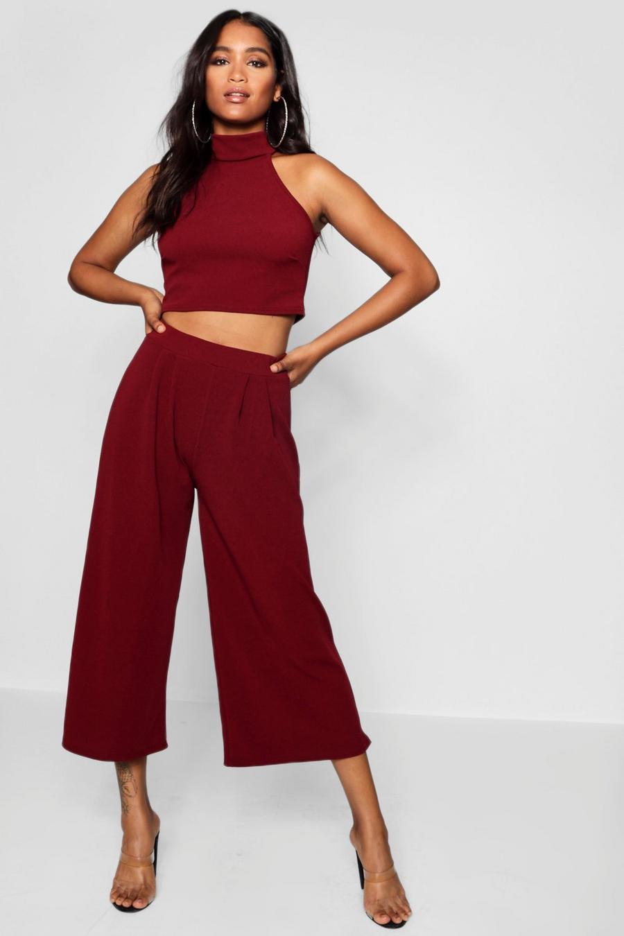 Cranberry High Neck Crop And Culotte Two-Piece Set image number 1