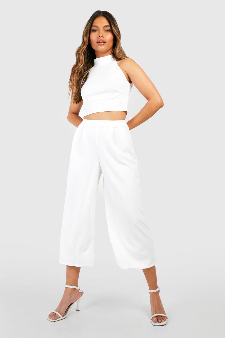 Ivory High Neck Crop and Culotte Co-Ord Set image number 1