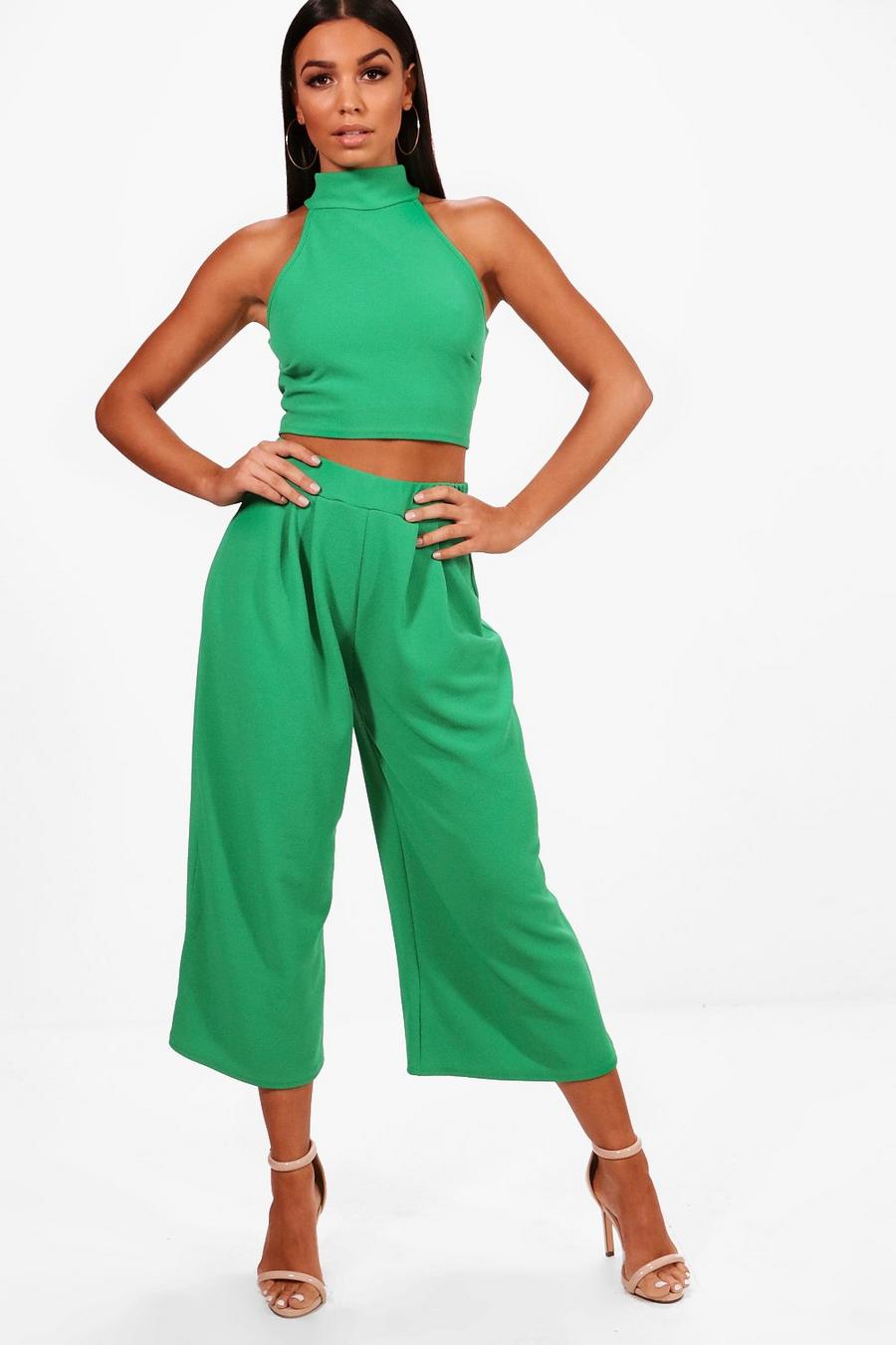 Leaf green High Neck Crop And Culotte Two-Piece Set image number 1