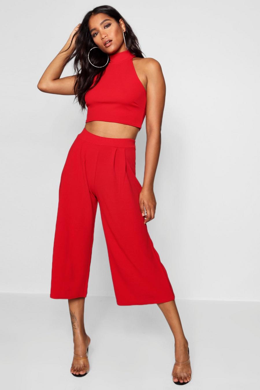 Red High Neck Crop And Culotte Two-Piece Set image number 1