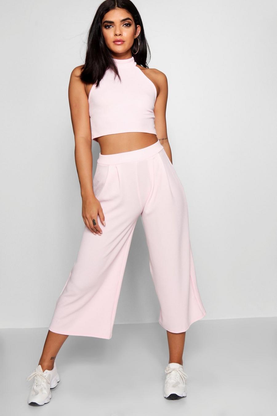 Soft pink High Neck Crop And Culotte Two-Piece Set image number 1