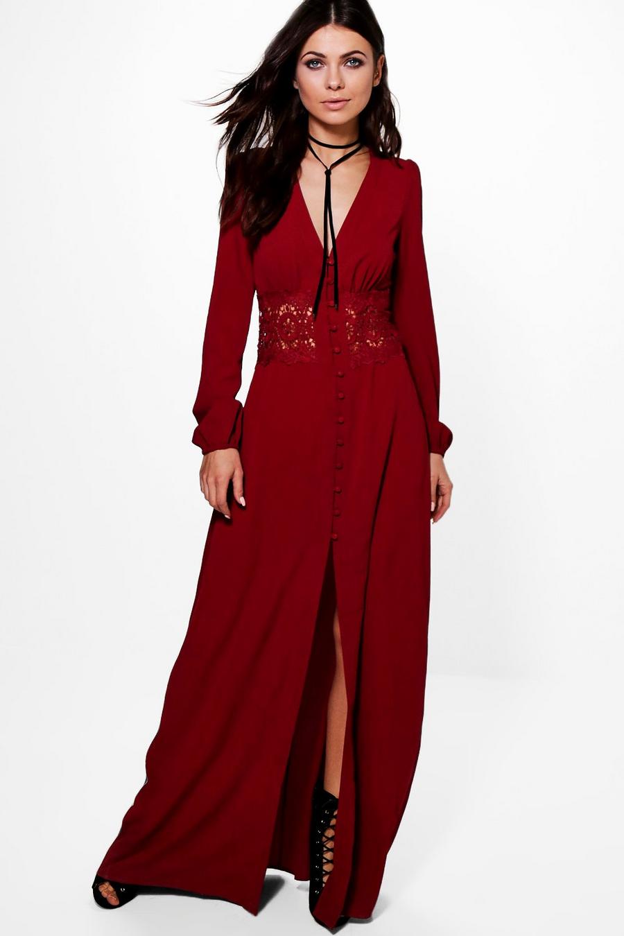 Berry Lace Waist Button Maxi Dress image number 1