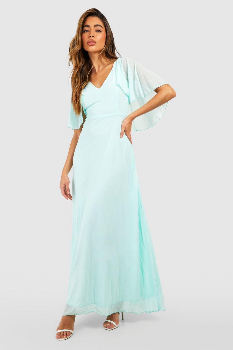 Mint Chiffon Cape Sleeve Maxi Bridesmaid Dress