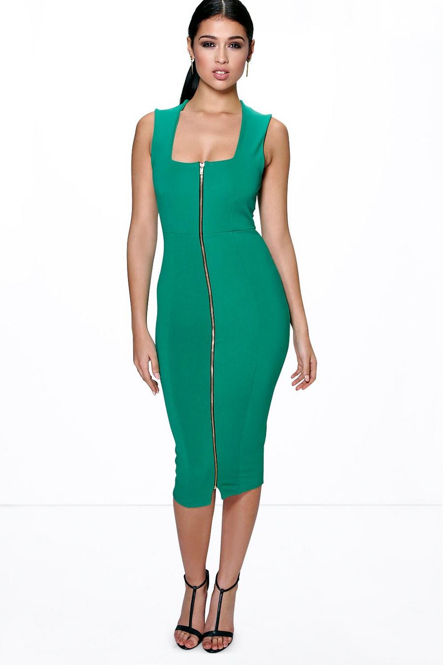 Emerald Sia Square Neck Zip Front Midi Bodycon Dress image number 1