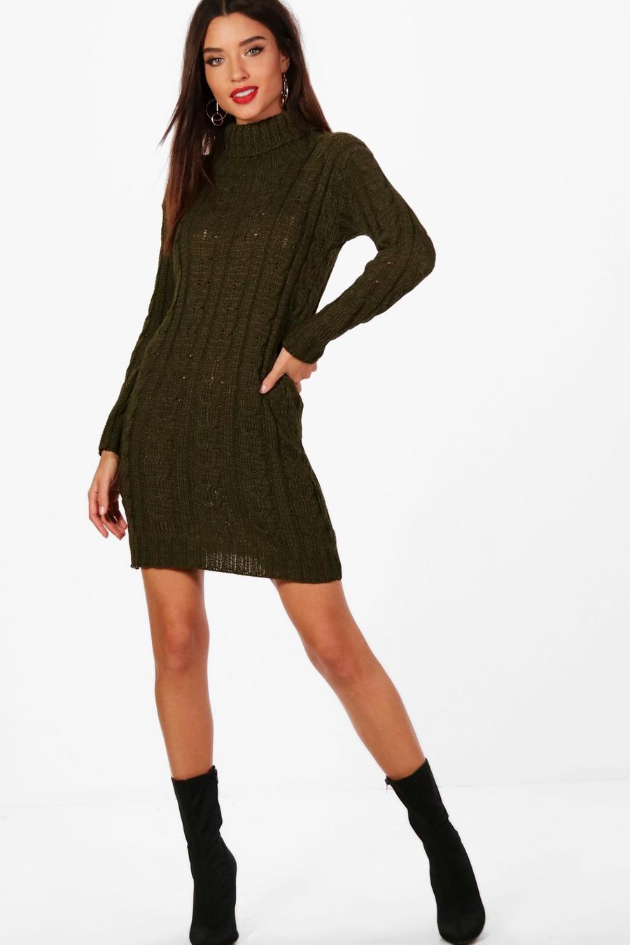 Khaki Cable Knit Sweater Dress image number 1