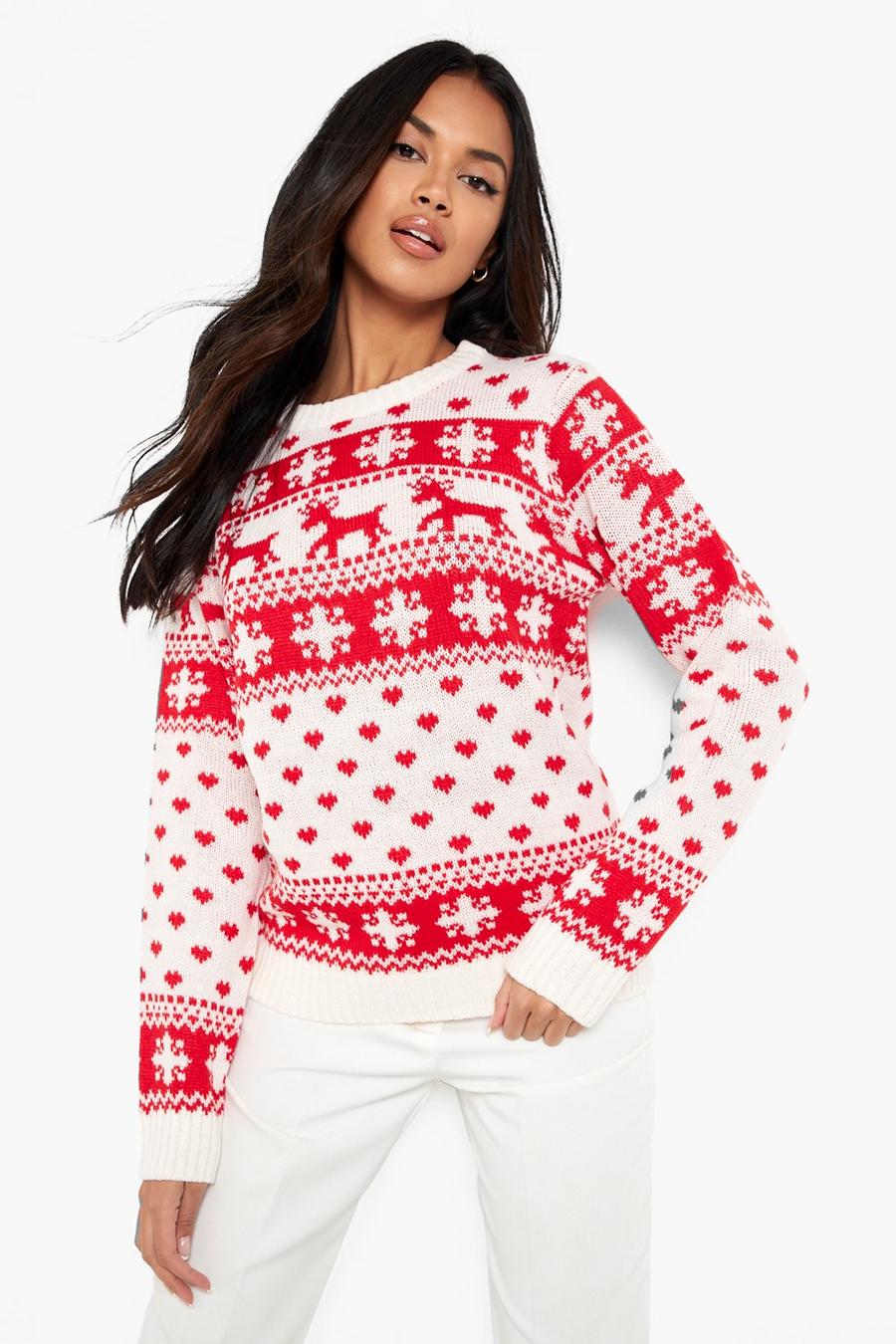 Jersey navideño con renos, corazones y copos de nieve, Cream