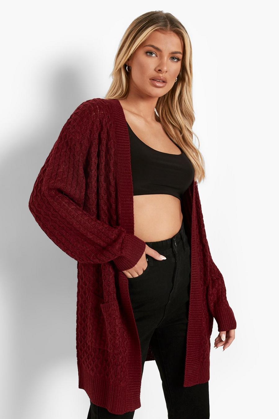 Wine Cable Cardigan With Pockets image number 1