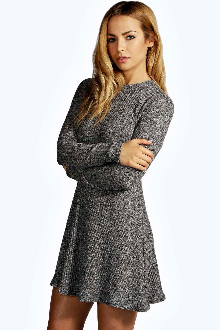 Charcoal Grace Rib Knit Turtle Neck Swing Sweater Dress image number 1