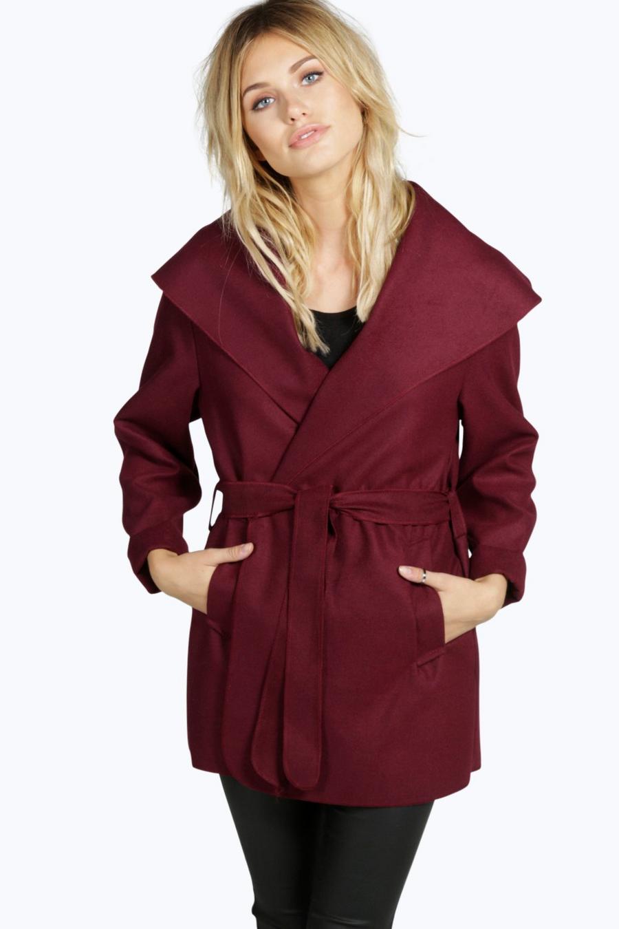 Wine Short Belted Waterfall Coat image number 1