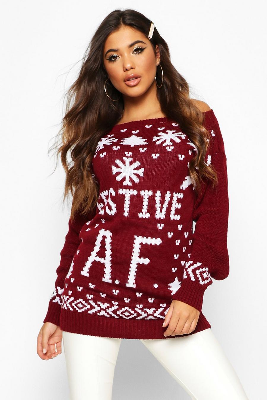 Pullover natalizio con scritta "festive a.f.", Vino image number 1