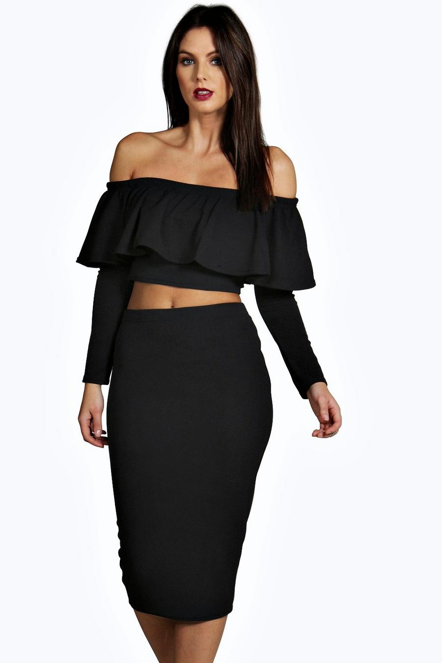 Black Lory Frill Crop Top Midi Skirt Co-Ord Set image number 1