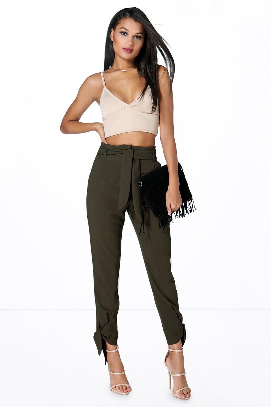 Khaki Belted Tailored Tie Ankle Slim Pants image number 1