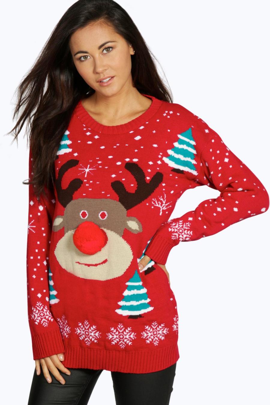 Pom Pom Reindeer Christmas Jumper image number 1