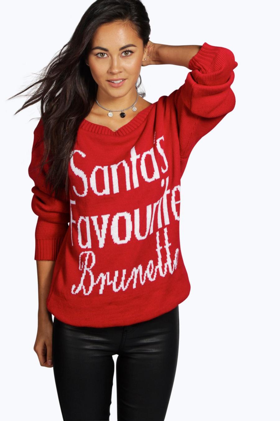 Santa's Favourite Brunette Slash Neck Christmas Jumper image number 1