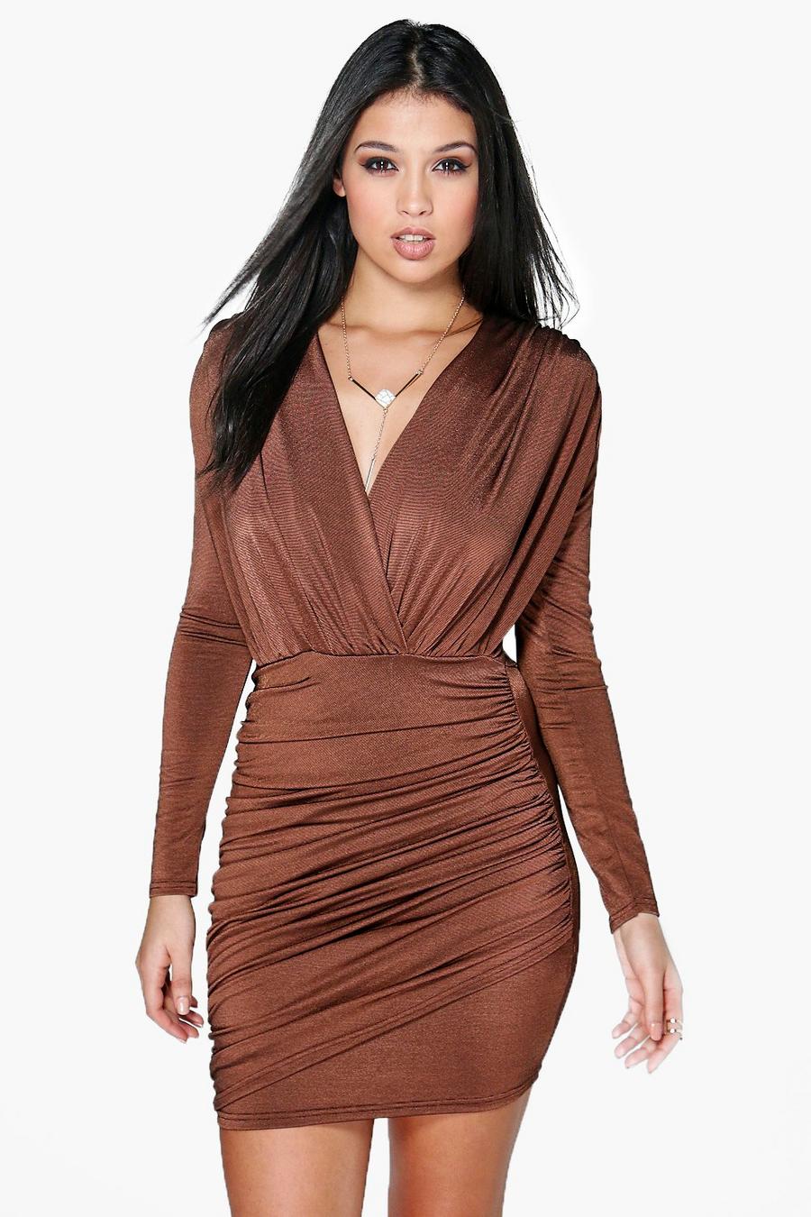 Chocolate Slinky Wrap Long Sleeve Bodycon Dress image number 1