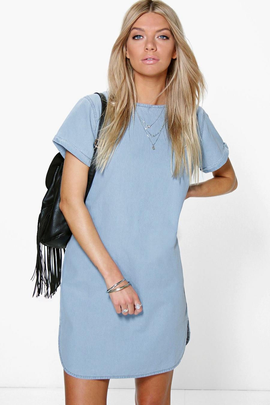 Carla Curved Hem Cap Sleeve Denim Shift Dress image number 1