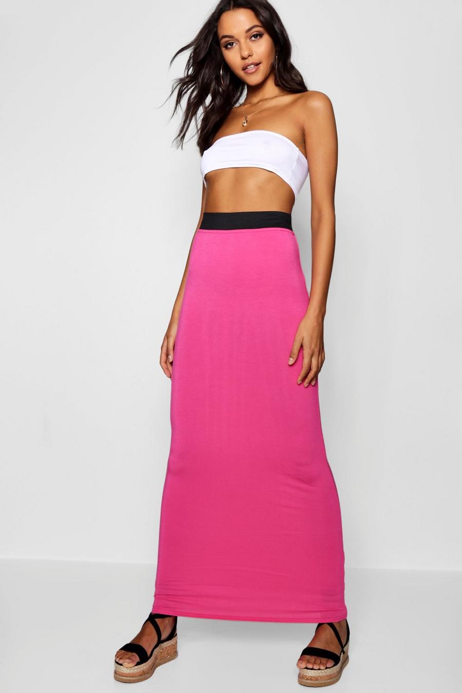 Hot pink Tall Jersey Knit Basic Contrast Waistband Maxi Skirt image number 1