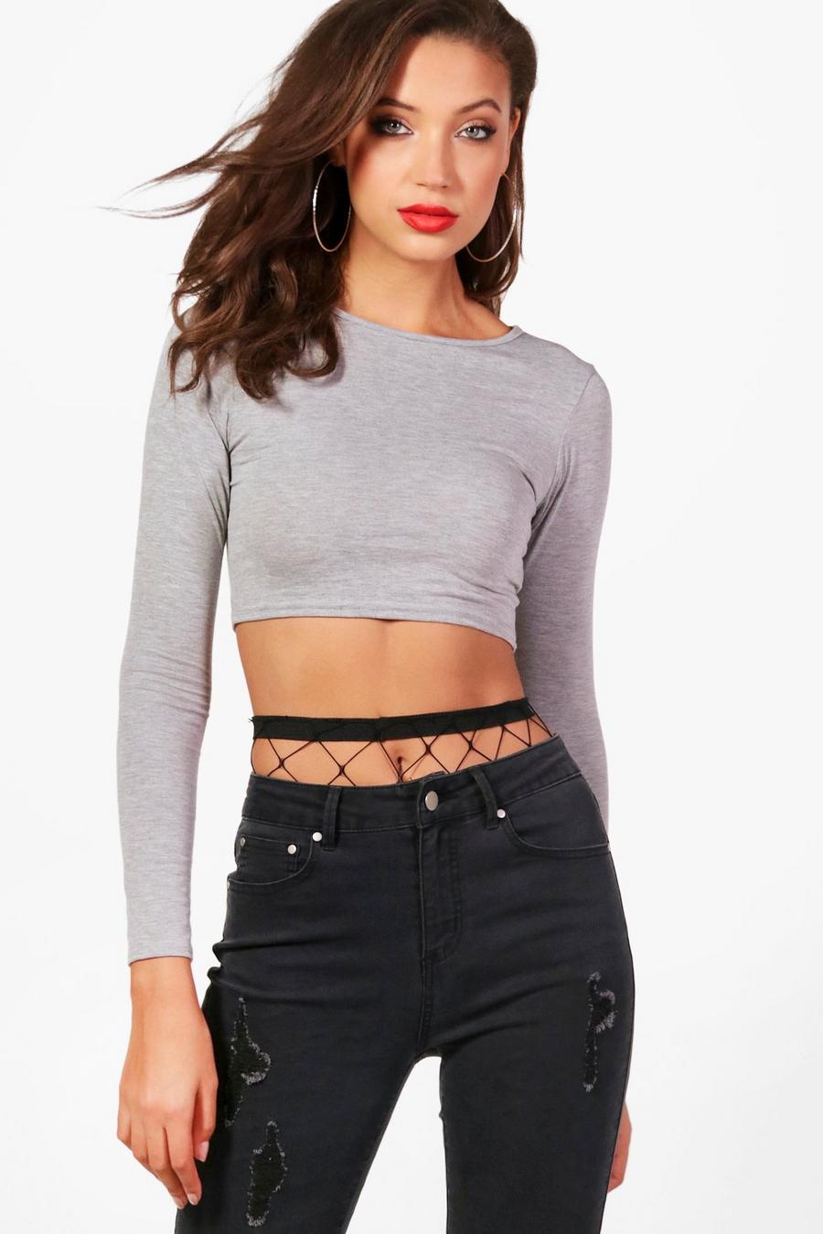 Grey Tall Basic Long Sleeve Crop Top image number 1