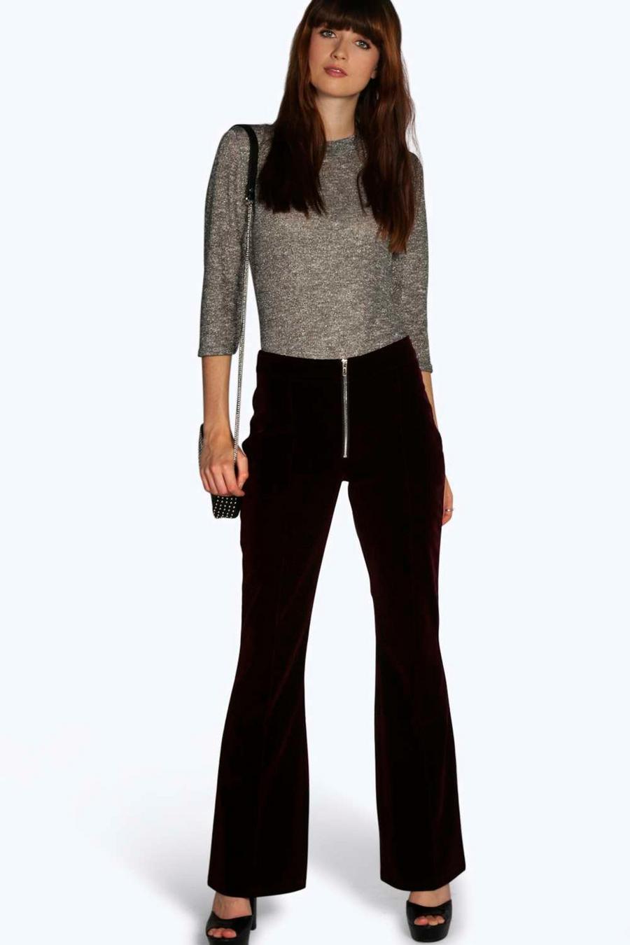 Wine Arianna Zip Front Tailored Velvet Trousers image number 1