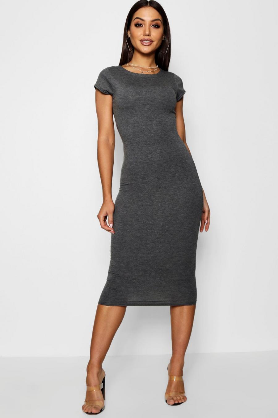 Charcoal Cap Sleeve Jersey Knit Bodycon Midi Dress image number 1