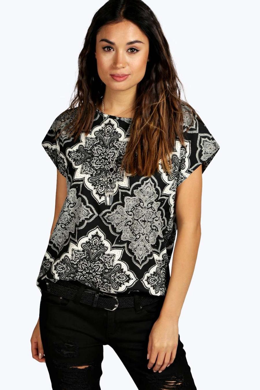 Paisley Print Woven Shell Top, Black image number 1