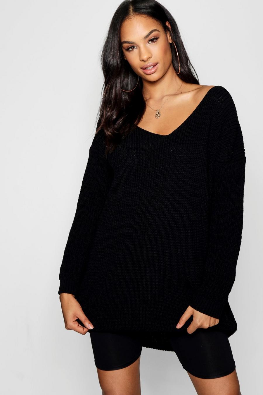 Black V Neck Sweater Mini Dress image number 1