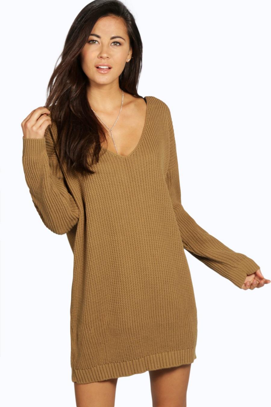 Camel V Neck Sweater Mini Dress image number 1