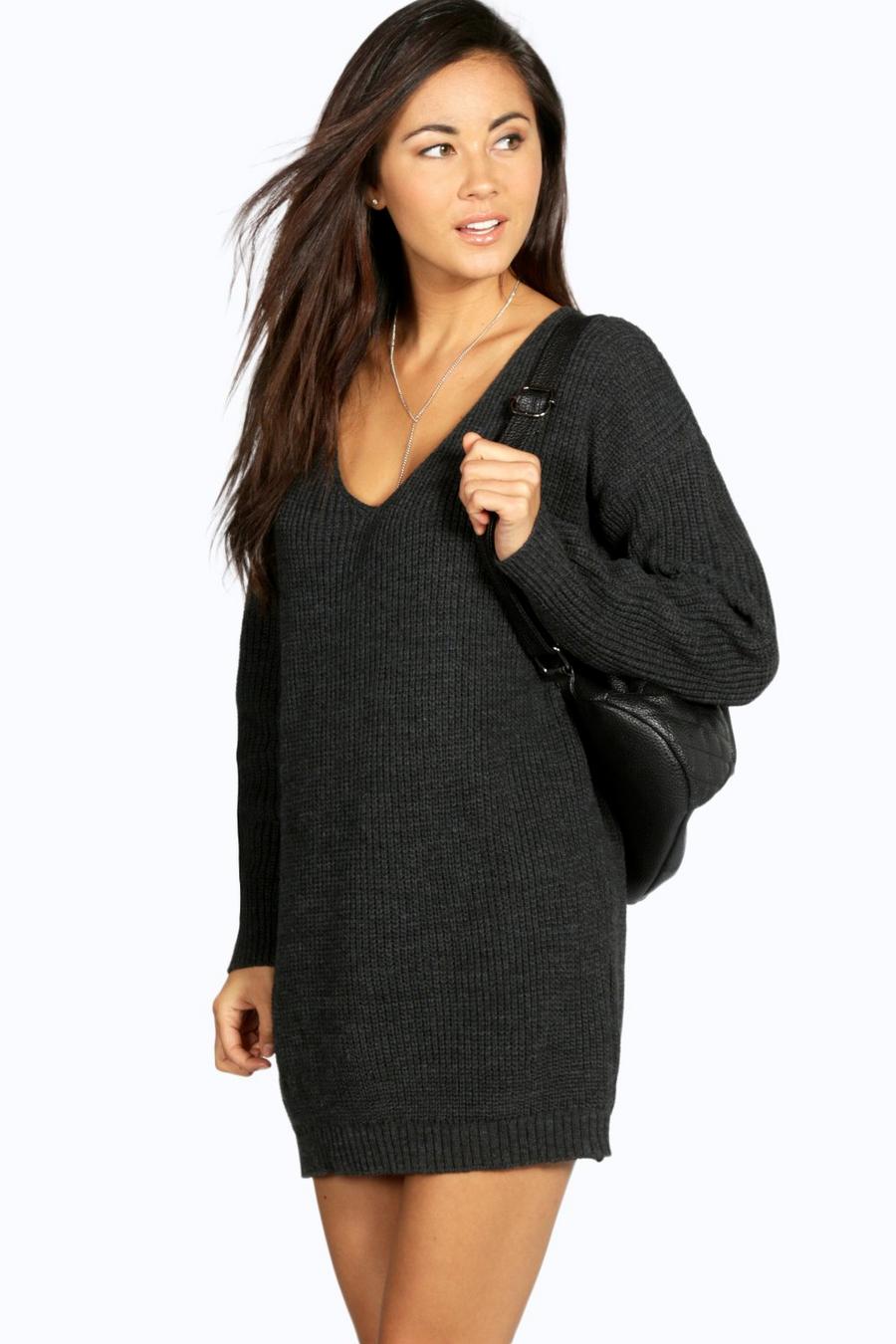 Charcoal V Neck Sweater Mini Dress image number 1