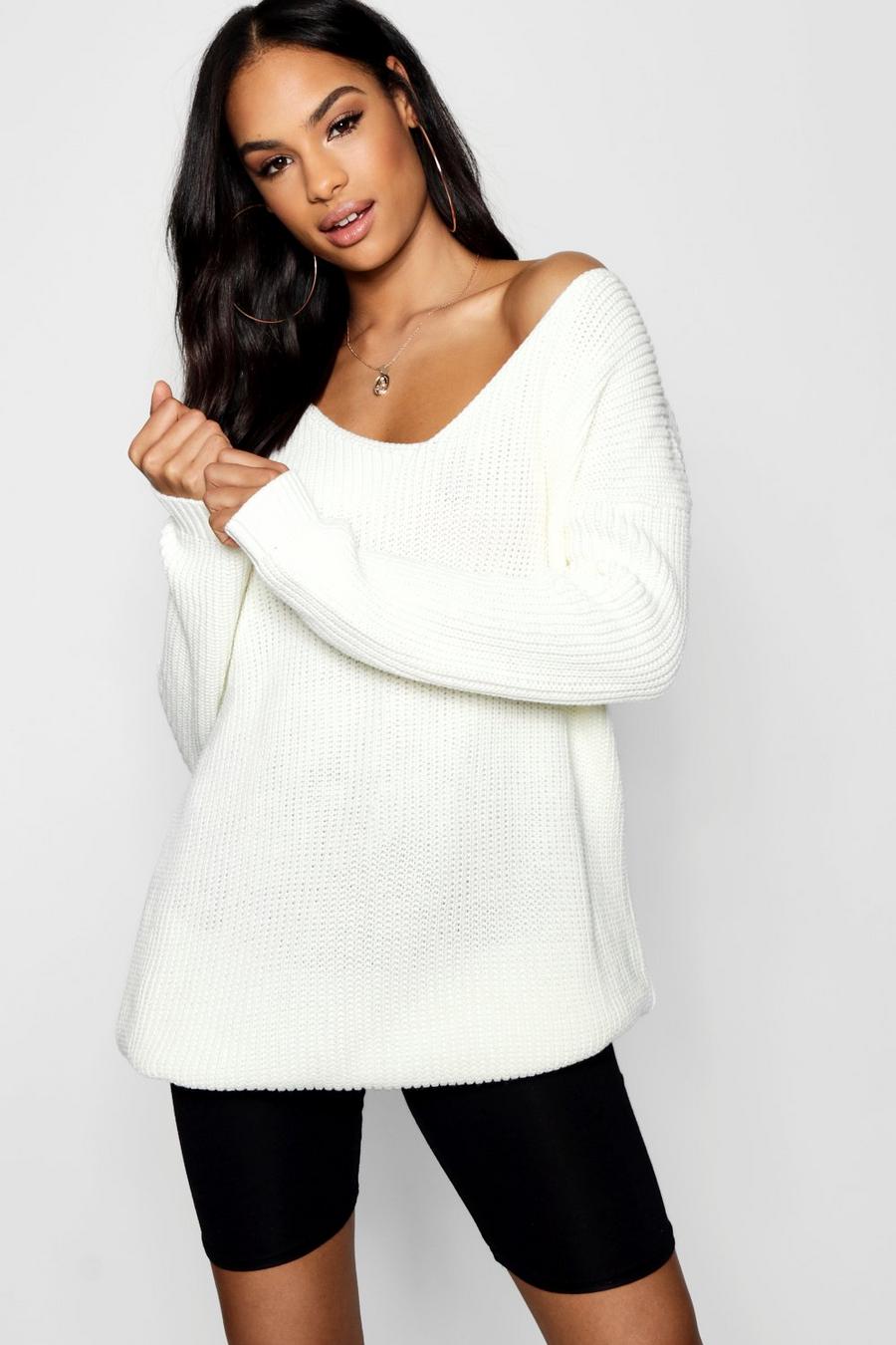 Minivestido estilo suéter con cuello de pico, Crema image number 1