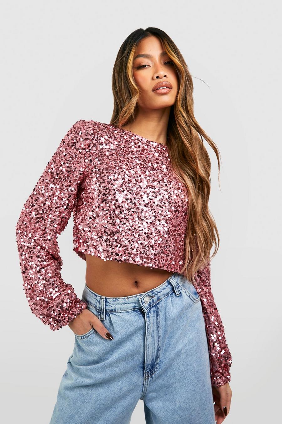 Mauve Sequin Chain Back Detail Long Sleeve Top image number 1