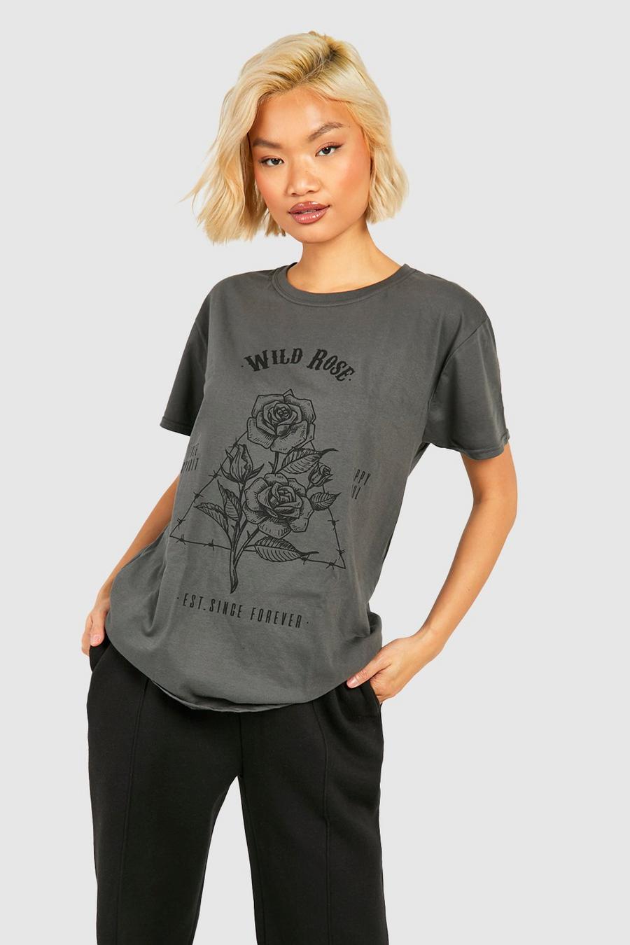 Boyfriend-T-Shirt mit Acid-Waschung und Wild Rose Print, Grau image number 1
